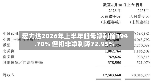 宏力达2026年上半年归母净利增194.70% 但扣非净利降72.95%